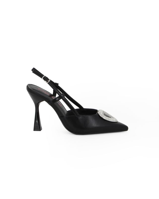 Prodotto: GLOBO ROSA - Décolleté slingback nera con sottopiede in MEMORY FOAM e dettaglio cuore ricoperto di strass sulla punta, tacco 9,5CM