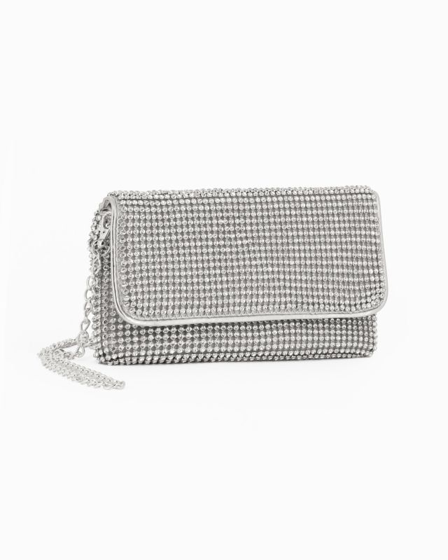 Prodotto: DIVAS - Pochette argento tutta strass con patta, tracolla removibile