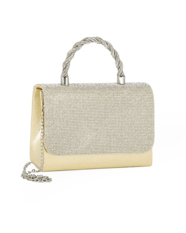 Prodotto: DIVAS - Pochette oro con patta e manico intrecciato in strass