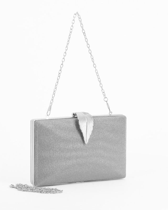 Prodotto: DIVAS - Clutch argento in lurex con dettaglio clip a foglia, tracolla remoovibile