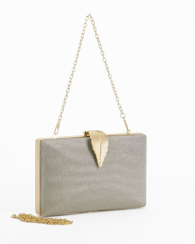Prodotto: DIVAS - Clutch oro in lurex con dettaglio clip a foglia, tracolla remoovibile