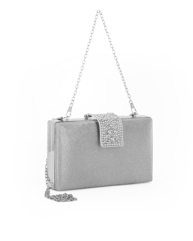 Prodotto: DIVAS - Clutch glitterata argento con chiusura gioiello