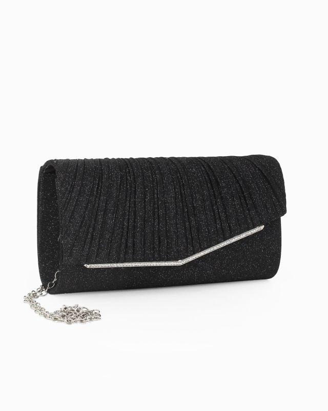 Prodotto: DIVAS - Pochette nera glitterata con patta dettaglio strass