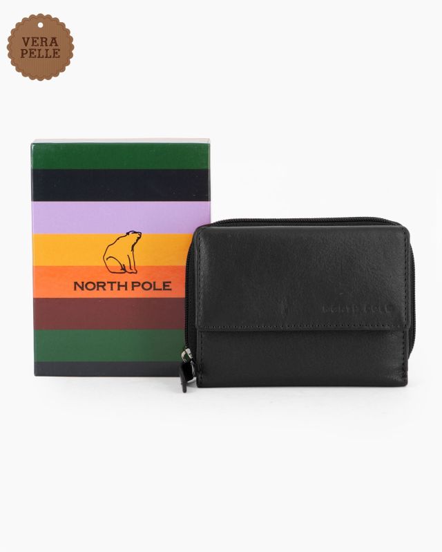 Prodotto: NORTH POLE - Portafoglio nero in VERA PELLE da donna con patta e tasca posteriore