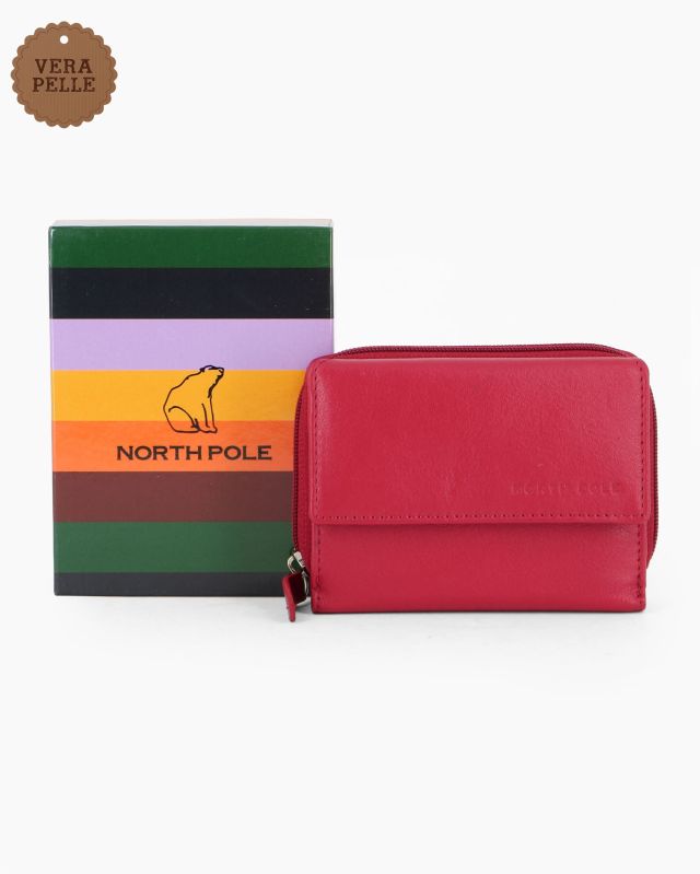 Prodotto: NORTH POLE - Portafoglio rosso in VERA PELLE da donna con patta e tasca posteriore