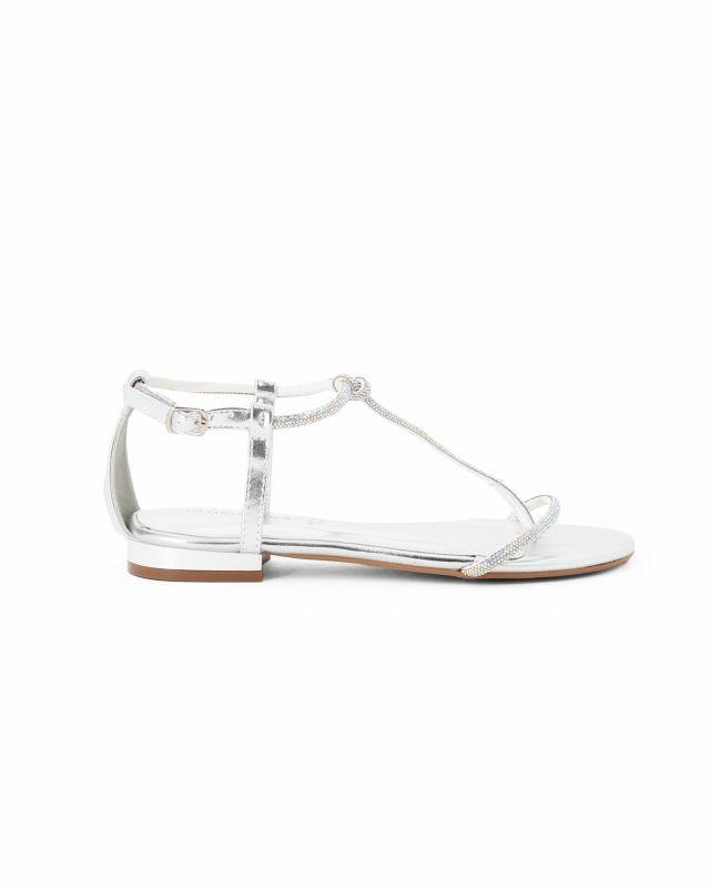 Prodotto: GLOBOROSA - Sandalo infradito argento con strass  e sottopiede in memory foam, cinturino alla caviglia