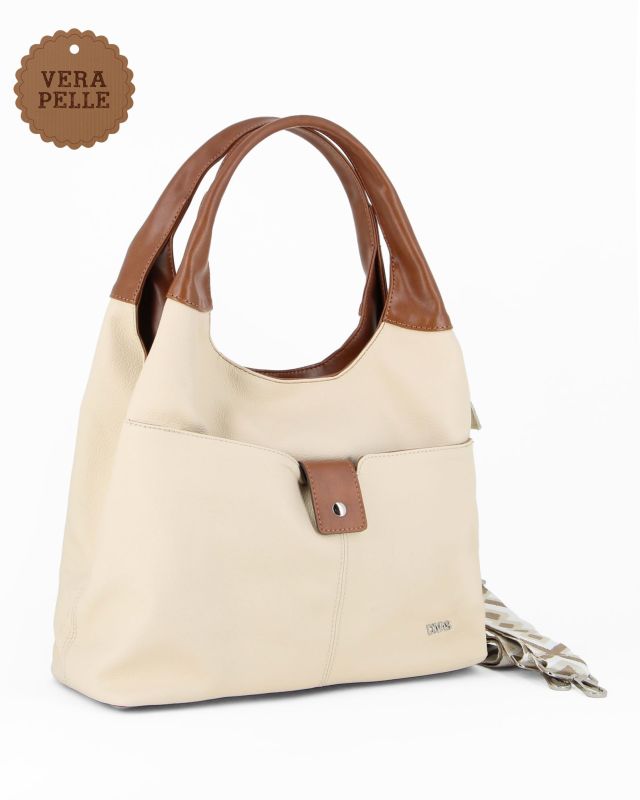 Prodotto: DIVAS - Borsa sacca beige in VERA PELLE con tasca frontale, tracolla removibile - MADE IN ITALY