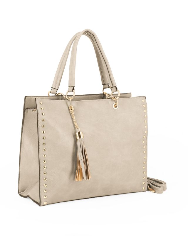 Prodotto: NARDINI - Borsa shopping beige con tasca posteriore, pennacchio a frange e dettaglio rivetti