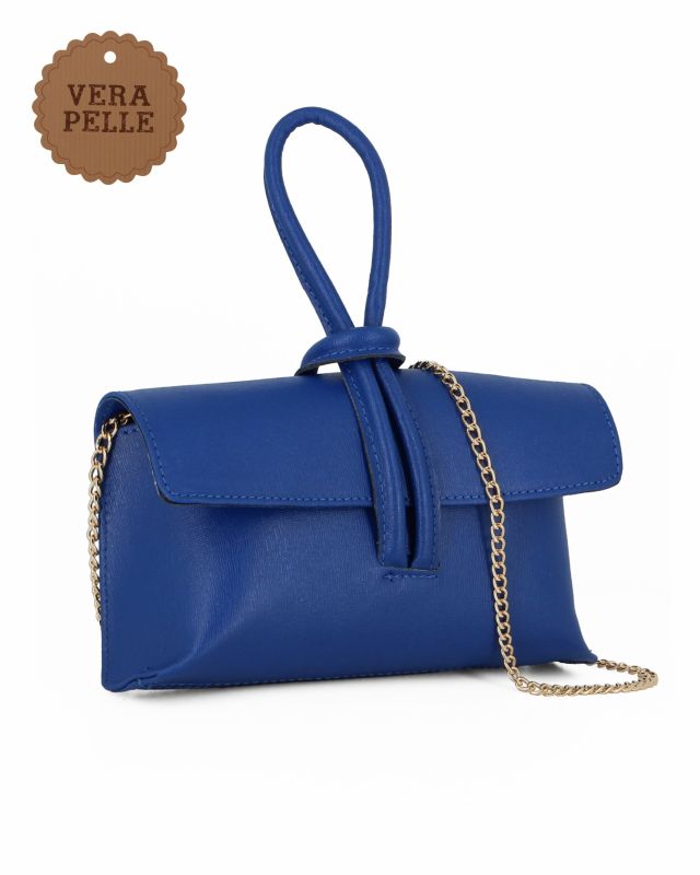 Prodotto: DIVAS - Borsa bracciale blu elettrico con catena oro VERA PELLE, MADE IN ITALY