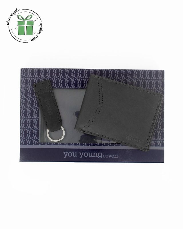 Prodotto: YOU YOUNG COVERI -  Set regalo composto da portafoglio e portachiavi neri in VERA PELLE