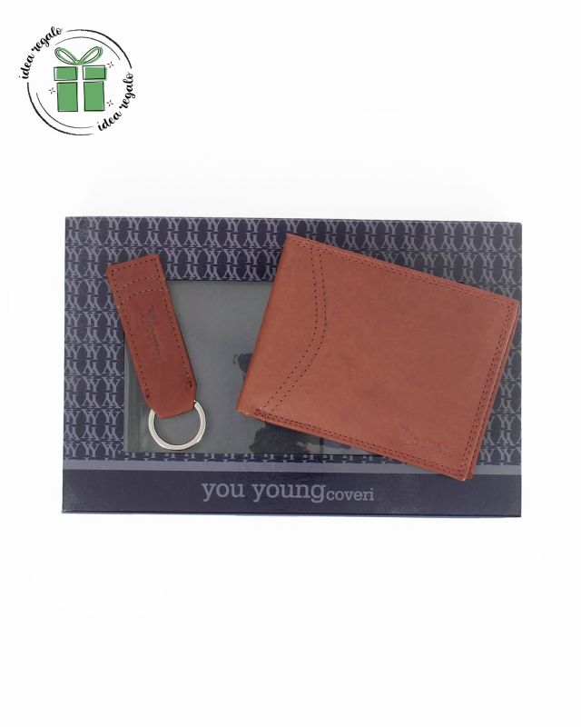 Prodotto: YOU YOUNG COVERI -  Set regalo composto da portafoglio e portachiavi marroni in VERA PELLE