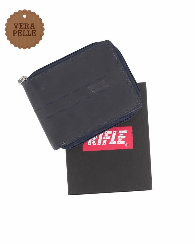 Prodotto: RIFLE - Portafoglio blu in VERA PELLE con chiusura a zip