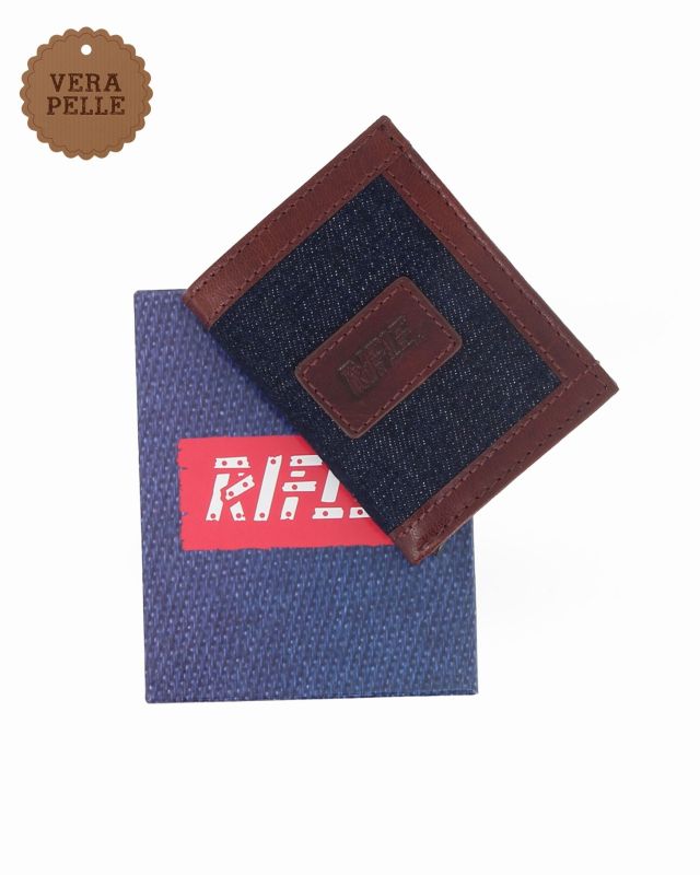 Prodotto: RIFLE - Portafoglio jeans e cognac da uomo in VERA PELLE con taschino posteriore