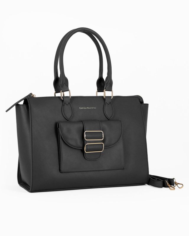 Prodotto: CORTINA POLO STYLE - Borsa due manici nera con tasca frontale con doppia fibbia sulla patta, tracolla removibile