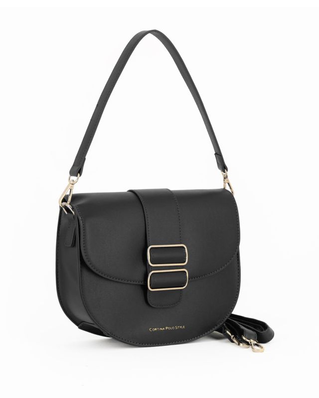 Prodotto: CORTINA POLO STYLE - Borsa a spalla nera con doppia fibbia sulla patta, tracolla removibile