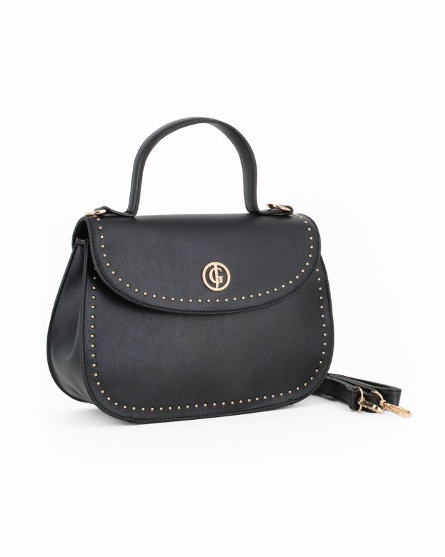 Prodotto: JUST GOLF - Borsa a mano nera con patta e dettaglio borchie oro, tracolla removibile