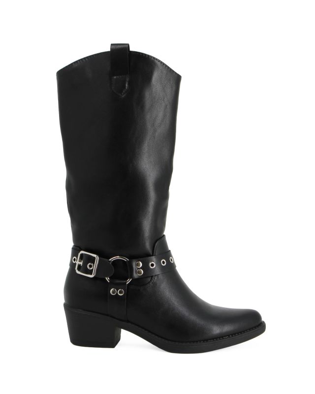 Prodotto: ZOE - Stivale texano nero con zip laterale e cinturino con fibbia, tacco 5CM