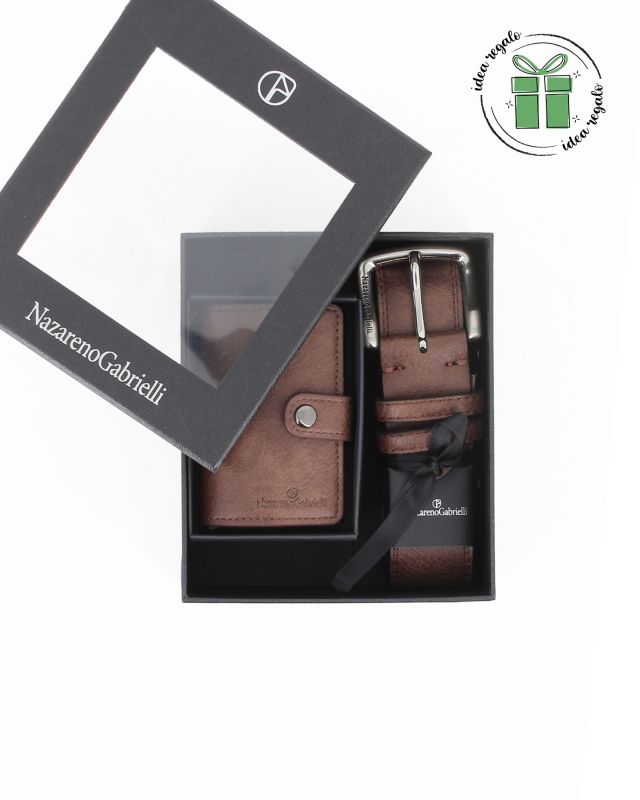 Prodotto: NAZARENO GABRIELLI - Set regalo composto da cintura e portacarte tabacco in VERA PELLE