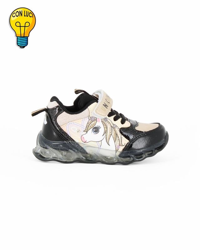 Prodotto: UNICORNO - Sneakers oro e nera da bimba con luci e strappo