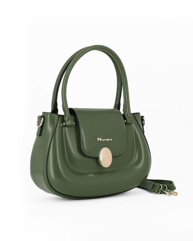 Prodotto: NARDINI - Borsa due manici verde con tasca posteriore e pattina con inserto metallico, tracolla removibile