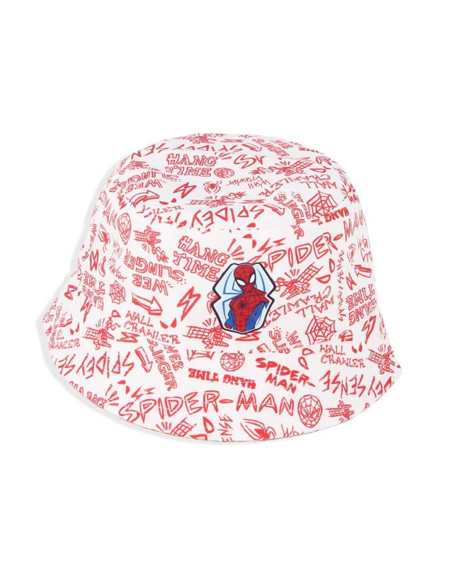 Prodotto: SPIDERMAN - Cappello bianco da pescatore con scritte rosse e immagine frontale