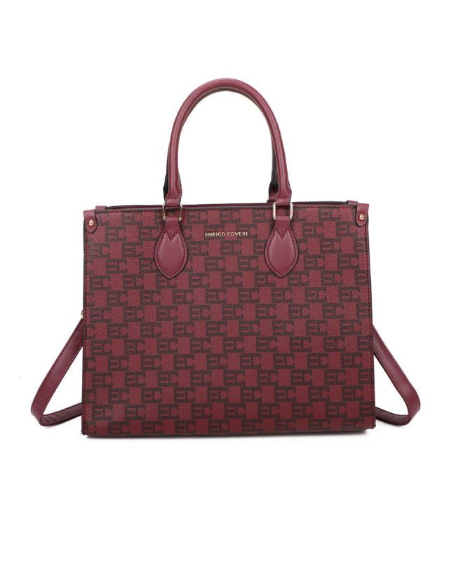 Prodotto: ENRICO COVERI - Borsa due manici loggata bordeaux con tracolla removibile