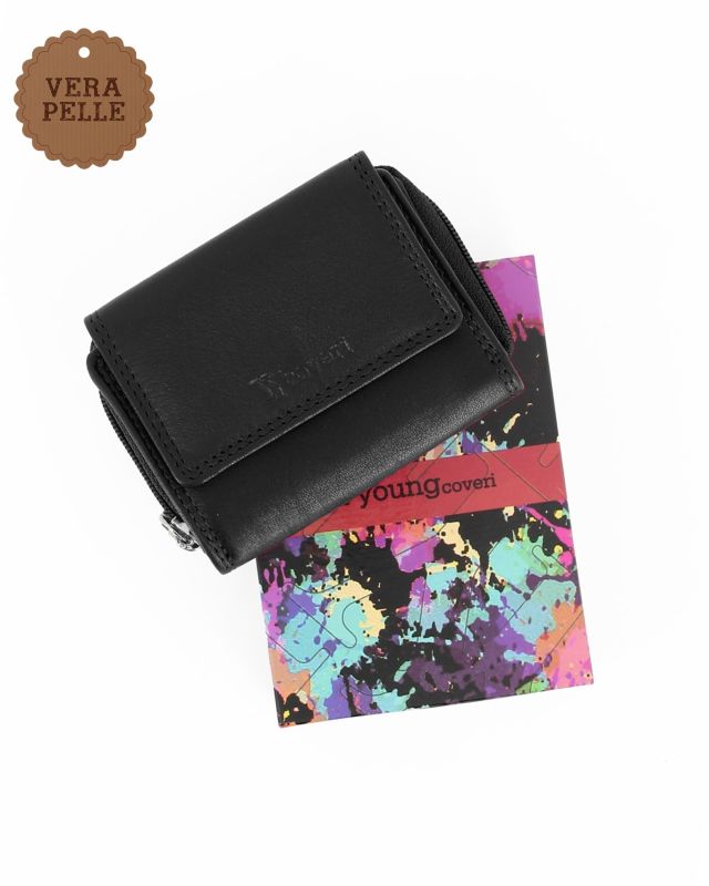 Prodotto: YOU YOUNG COVERI - Portafoglio piccolo nero in VERA PELLE con pattina e tasca portamonete