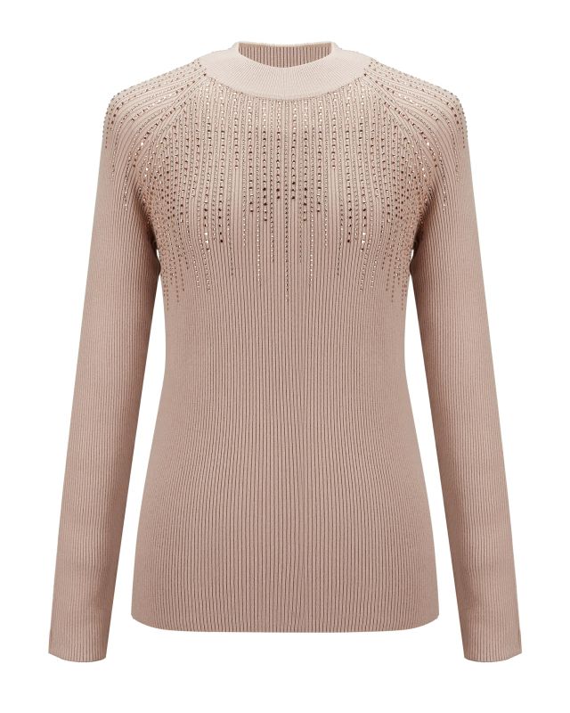Prodotto: BACHATA - Maglia manica lunga beige F12 con strass rose gold