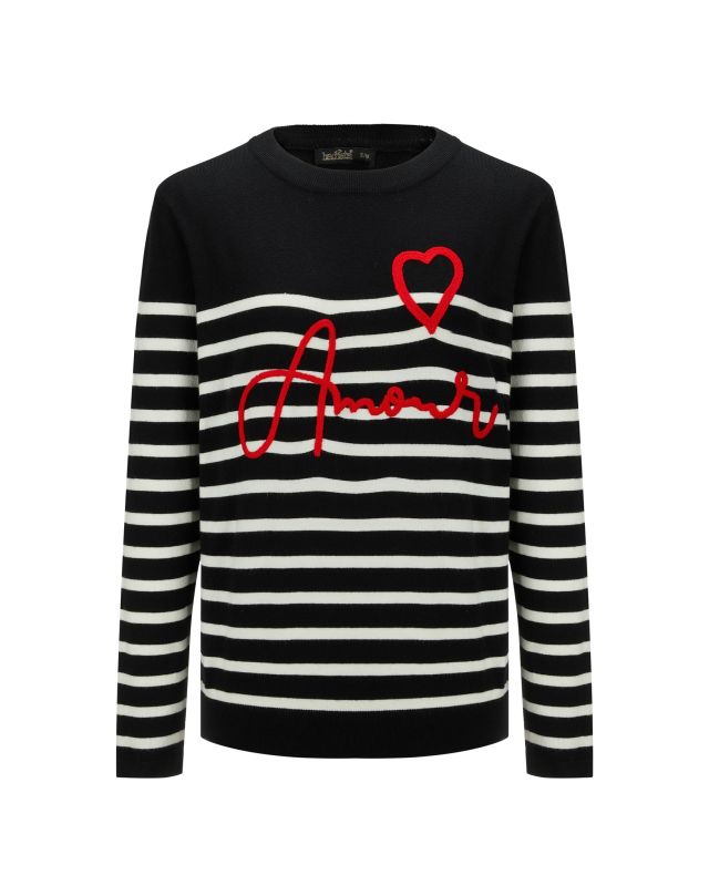 Prodotto: BACHATA - Maglia manica lunga grigia a righe nere con scritta Amour