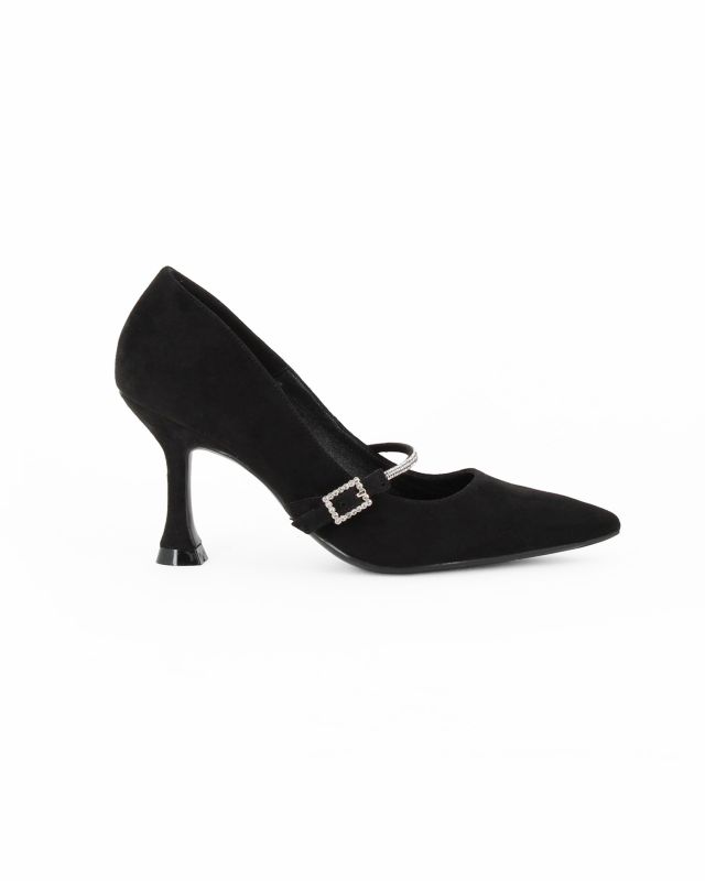 Prodotto: MISS GLOBO - Décolleté nera scamosciata con sottopiede in VERA PELLE e memory foam e dettaglio di strass alla caviglia, tacco 8CM