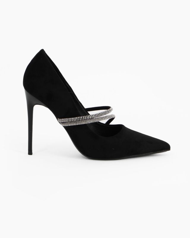 Prodotto: MISS GLOBO - Décolleté nera scamosciata con sottopiede memory foam in VERA PELLE e doppio cinturino frontale con strass, tacco 10CM
