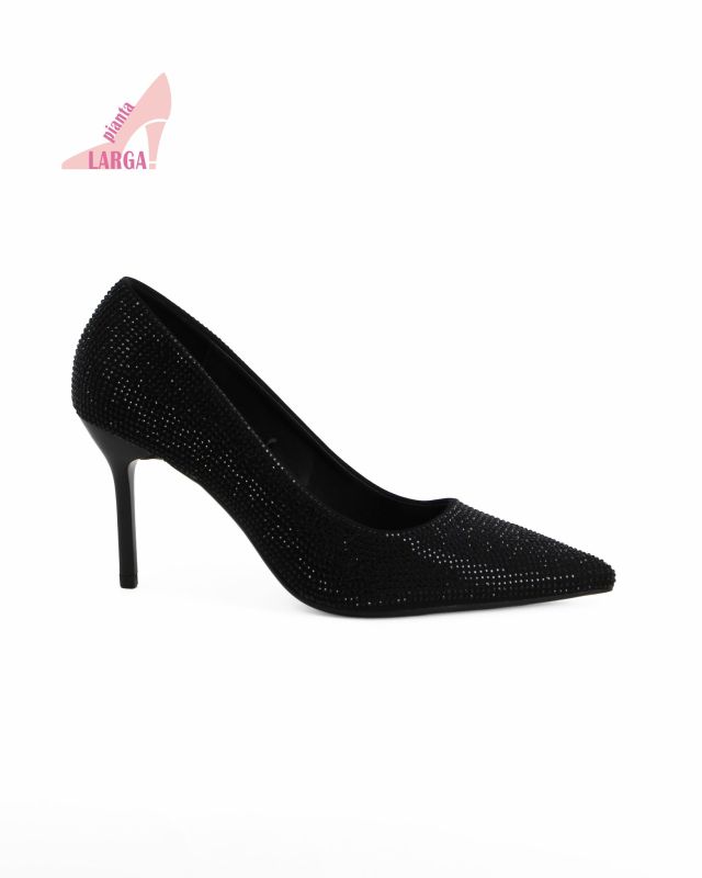 Prodotto: LADY GLOBO - Décolleté nera in strass a pianta larga, tacco 8,5CM