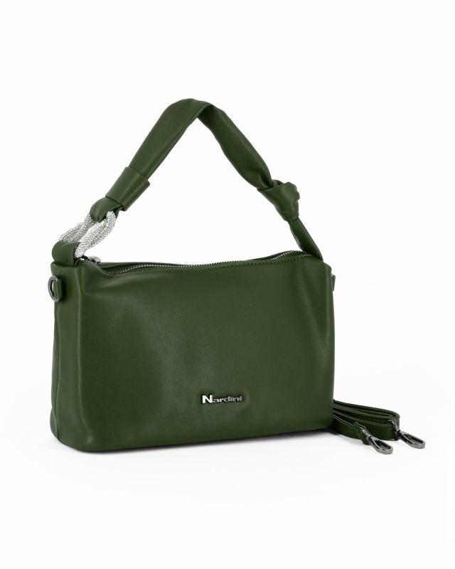 Prodotto: NARDINI - Borsa a mano verde con nodo in strass sul manico e tracolla removibile