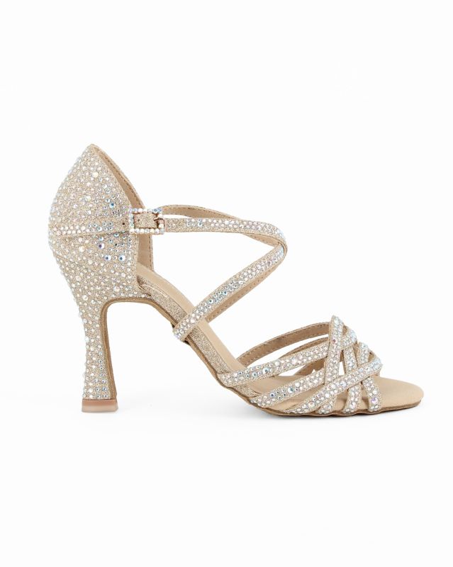 Prodotto: GLOBODANCE - Scarpa da ballo platino in lurex con sottopiede in memory foam e strass, tacco 8,5CM