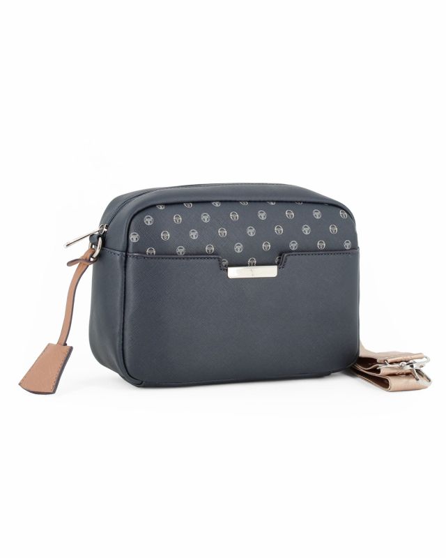 Prodotto: SERGIO TACCHINI - Borsa blu con tasca frontale e ciondolo portachiavi, tracolla removibile