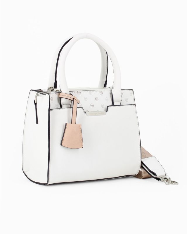 Prodotto: SERGIO TACCHINI - Borsa due manici bianca con tasca frontale e tre scomparti interni, tracolla e ciondolo portachiavi removibili