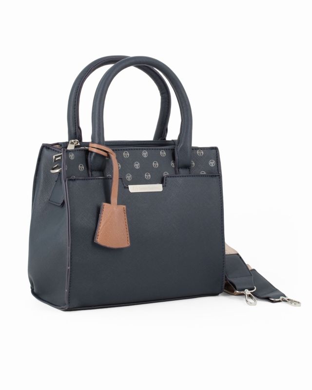 Prodotto: SERGIO TACCHINI - Borsa due manici blu con tasca frontale e tre scomparti interni, tracolla e ciondolo portachiavi removibili
