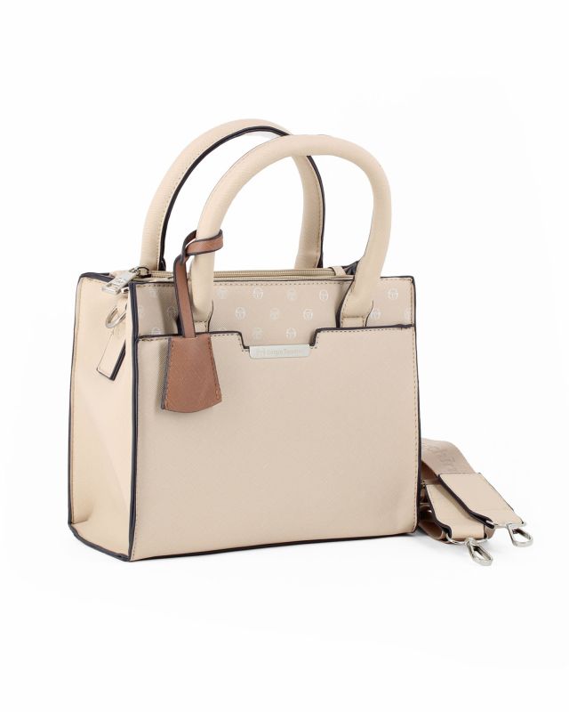 Prodotto: SERGIO TACCHINI - Borsa due manici beige con tasca frontale e tre scomparti interni, tracolla e ciondolo portachiavi removibili