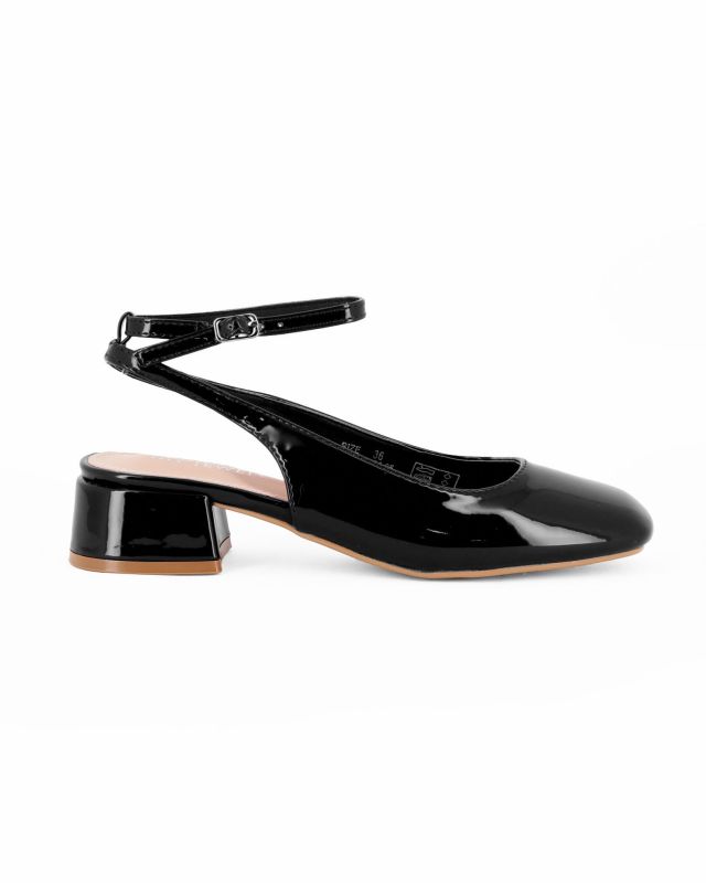 Prodotto: MY JEWELS - Ballerina nera in vernice con punta quadrata e cinturino alla caviglia, tacco 3,5CM