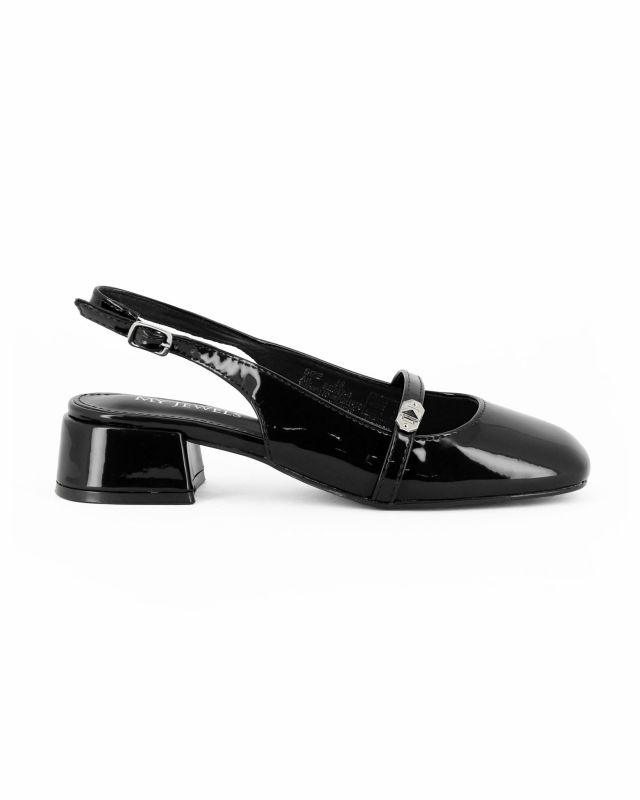 Prodotto: MY JEWELS - Ballerina slingback nera in vernice con punta quadrata e cinturino frontale, tacco 3,5CM