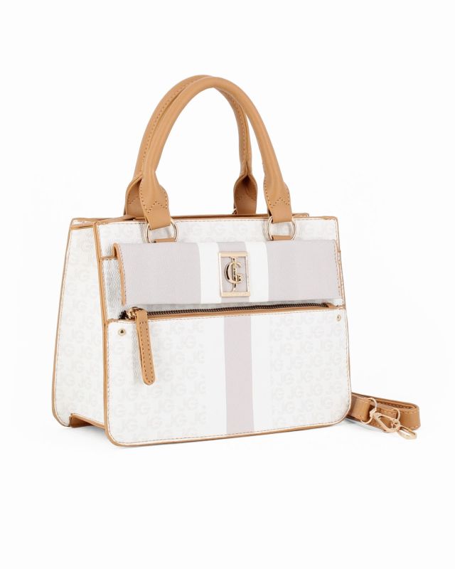 Prodotto: JUST GOLF - Borsa a mano beige loggata con patta e tasca frontali, tracolla removibile