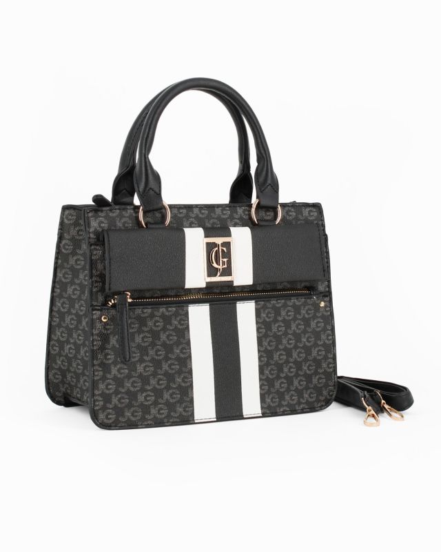 Prodotto: JUST GOLF - Borsa a mano nera loggata con patta e tasca frontali, tracolla removibile