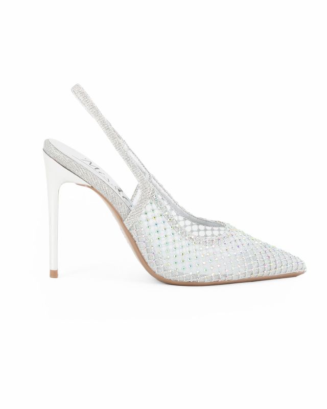 Prodotto: MISS GLOBO - Décolleté slingback argento a rete con strass, tacco 10CM