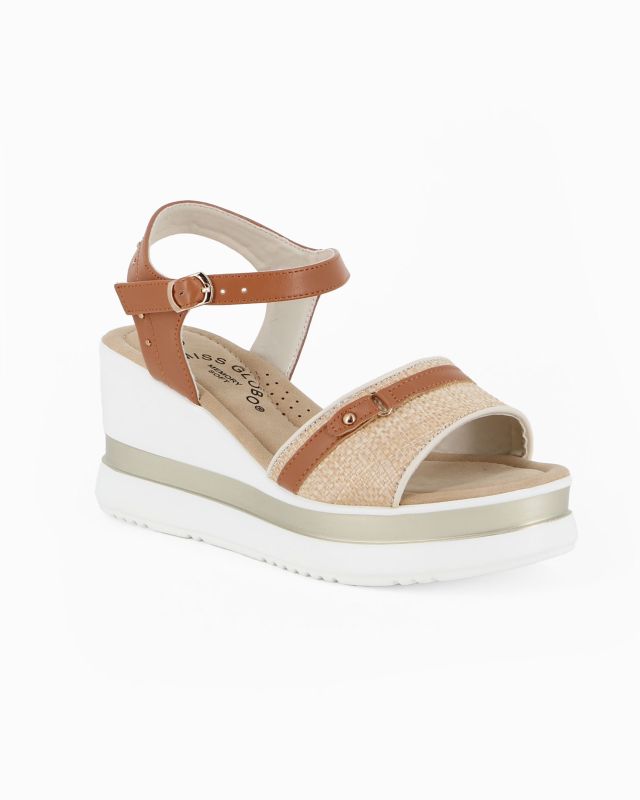 Prodotto: MISS GLOBO - Sandalo platform beige/cuoio con fascia intrecciata e cinturino alla caviglia