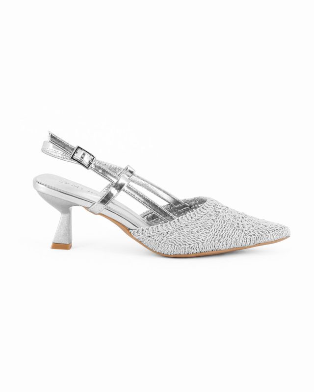 Prodotto: MY JEWELS - Décolleté slingback argento traforata e intrecciata, tacco 6CM