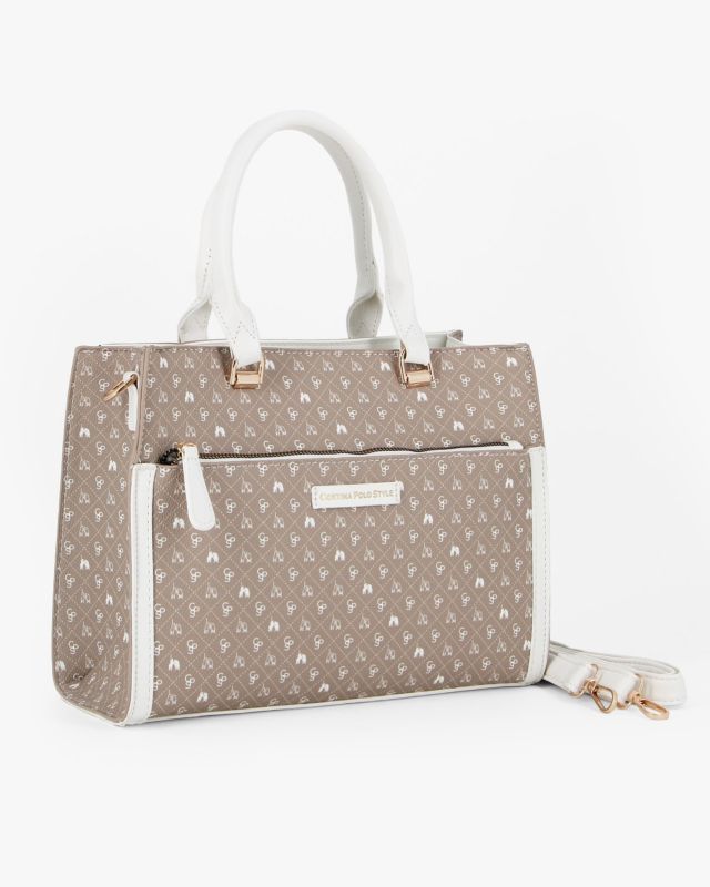 Prodotto: CORTINA POLO STYLE - Borsa due manici taupe loggata con tasca frontale, tracolla removibile