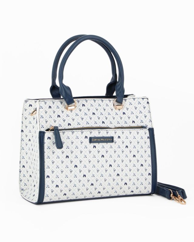 Prodotto: CORTINA POLO STYLE - Borsa due manici bianca/blu loggata con tasca frontale, tracolla removibile