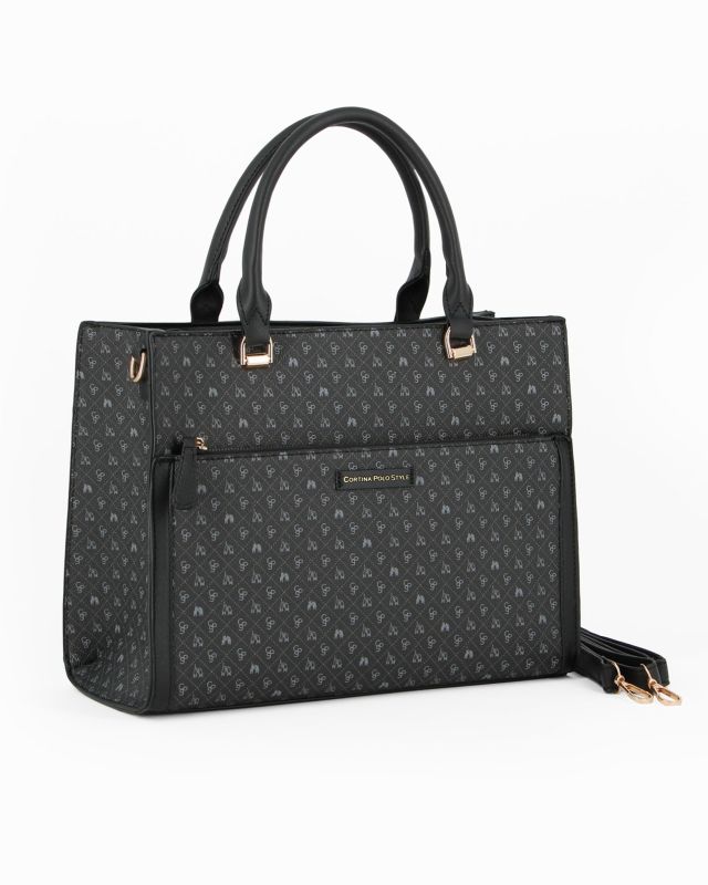 Prodotto: CORTINA POLO STYLE - Borsa due manici nera loggata con tasca frontale, tracolla removibile
