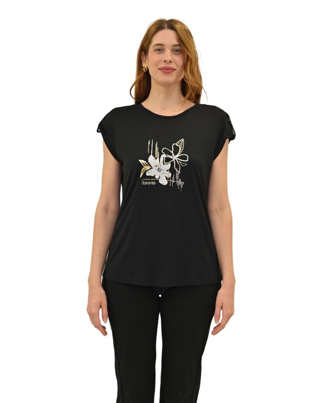 Prodotto: KEY UP - T-SHIRT MEZZA MANICA DONNA NERA CON STAMPA FRONTALE- 5S854/0002