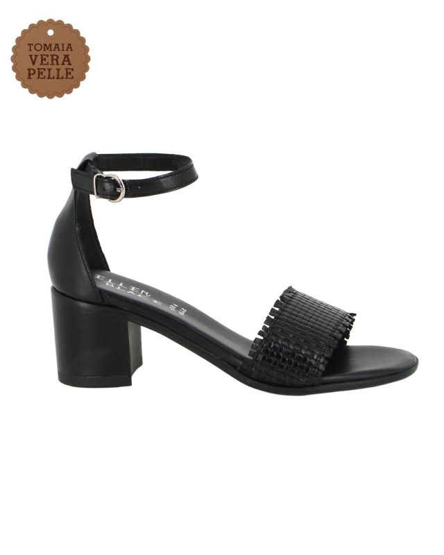 Prodotto: ELLEN BLAKE - Sandalo nero in VERA PELLE con fascia intrecciata e cinturino alla caviglia, tacco 5,5CM